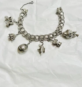 Bracciale Ciondolo Monet Vintage Doppio Argento Maglia Cuore con 6 Ciondoli Clown - Foto 1 di 4