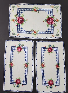 Vintage 3 Piece Set Needlepoint Doilies Dresser Sofa Chair Handmade Pink Floral - Picture 1 of 6