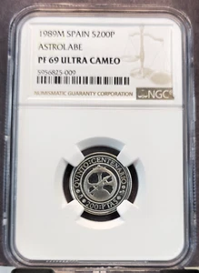 1989 SPAIN SILVER 200 PESETAS ASTROLABE NGC PF 69 ULTRA CAMEO SCARCE HIGH GRADE - Picture 1 of 3