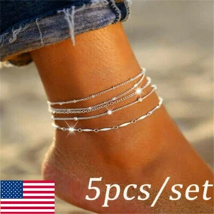 5Pcs 925 Silver Ankle Bracelet Foot Chain Women Beach Anklet Jewelry Gift US - Picture 1 of 7