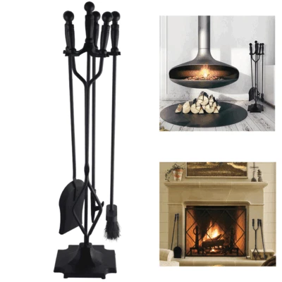 GAMEXCEL 5PCS Fireplace Tools Wrought Iron Large Fire Tool Set and Holder w/Black Handles