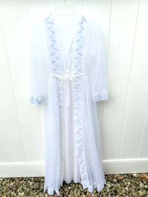 Vtg Miss Elaine Nylon Chiffon Peignoir Set Womens S White/Blue Sheer Bridal NWOT - Image 1 of 4