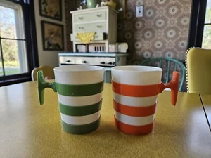 Vintage Pair of Deka Mugs with Stripes, 1970s Mod Orange Striped Plastic Mug - Picture 1 of 10