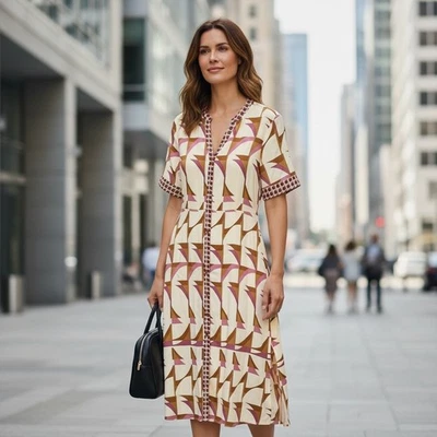 Vestido Largo Worthington Para Mujer Solar Geo Border Talla Pequeña Marrón Crema Cuello en V Nuevo con Etiquetas Foto 1 de 4