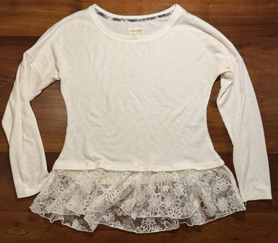 Maison Jules Women’s Beige Waffle Knit Lace Hem Long Sleeve Shirt Sz Small - Image 1 of 4