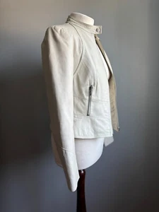 NEXT white Leather Jacket Biker Racer 10 12 rock ivory grey soft real ladies - Picture 1 of 17