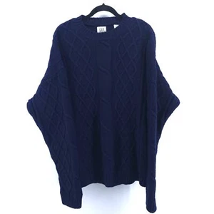 GAP Y2K Navy Shetland's Wool Cable Knit Pullover Sweater Crewneck Ribbed Hems L - Picture 1 of 13
