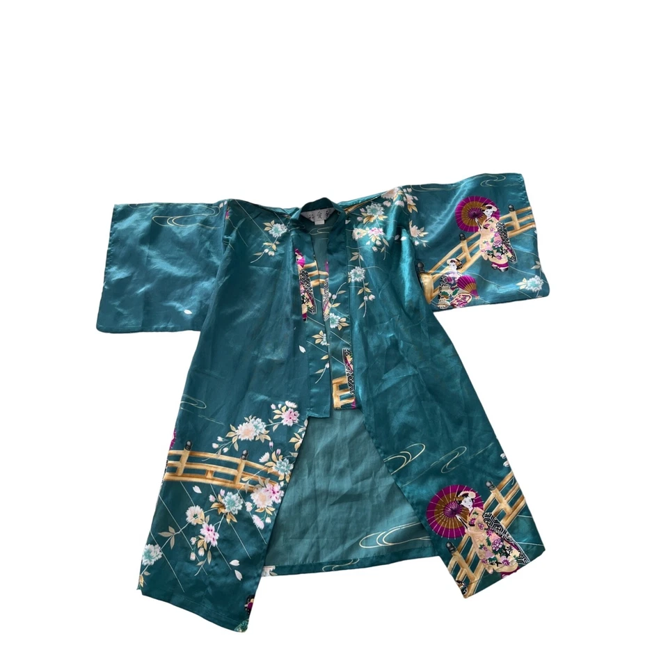 Bata Kimono Satén Niños 25 Verde Azulado Floral Encubrimiento Boho Asiático Ligera Sedosa Foto 1 de 4