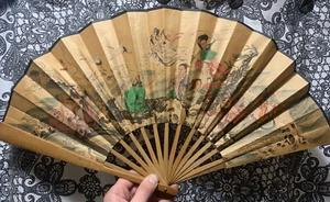 Vintage Bamboo Fan Eastern Asian Design Hand Painted Cranes Waves Springtime - Picture 1 of 10