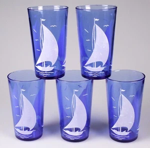 Vintage Set/5 Hazel Atlas Cobalt Blue Glass Sailboat Tumblers - Sportsman Series - Picture 1 of 2