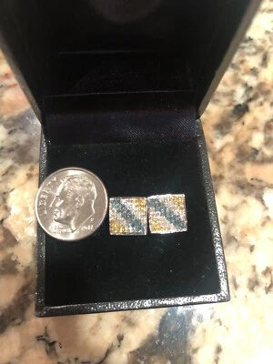 14k White Gold Blue Yellow and White Princess Cut Diamond Earrings STUNNING - Image 1 of 3