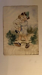 antique watercolor painting folk art naive illustration of children 10x14 Signed - Picture 1 of 6