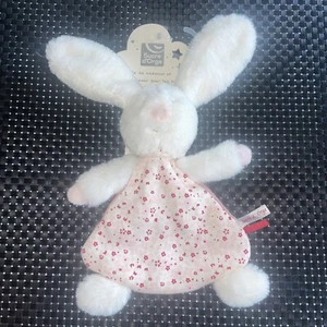CA6 DOUDOU PLAT SUCRE D’ORGE LAPIN BLANC ROSE TISSU FLEURIS FOURRURE 30CM NEUF - Picture 1 of 4