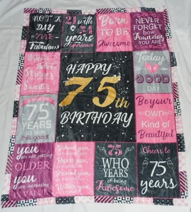Neu Happy 75. Geburtstag 60"x50" Überwurf Decke Rosa Schwarz Fabelhaft Erstaunlich Mutig - Bild 1 von 4