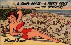 Postal de Miami Beach Florida, Sandy Beach, Pretty Girl, dibujos animados lino Curt Teich - Imagen 1 de 2