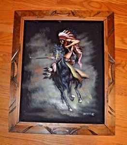 De colección Óleo sobre Terciopelo Indio Nativo Americano Jefe Guerrero Caballo Firmado MONSE 16x20 - Imagen 1 de 10