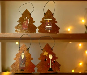 4 Primitive Christmas Ornament Hand Painted Rusty Metal Folk Art  Angel Santa - Picture 1 of 11