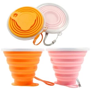 Silicone Collapsible Travel Cup 2 PCS Pink Orange Portable Folding Camping Lids - Picture 1 of 7