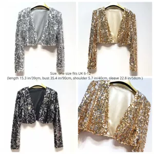 Women Sequin Cropped Cardigan Bolero Jacket Sparkly Party Tops Fancy Dress - Picture 1 of 16