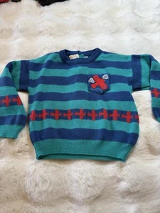 VINTAGE Jungen Rundhals Raglan Strick gestreift Pullover FLUGZEUGE 3t Friemanit LESEN - Bild 1 von 5