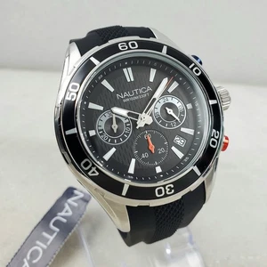 NAUTICA NST 12 NAD15522G CHRONOGRAPH WR 100M 24-HOUR BLACK/SILVER MEN'S WATCH  - Picture 1 of 10