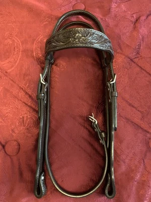 Circle Y Shaped Floral Tooled Dark Oil Headstall / Bridle New / Unused - Image 1 of 4