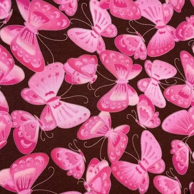 Robert Kaufman Over The Rainbow Cotton Fabric Pink Butterflies On Brown 23"/45" - Image 1 of 4