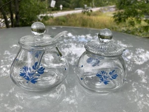 Vintage Set Of Pfaltzgraff Glass Sugar W/lid & Spoon & Creamer Condiment Jar - Picture 1 of 3