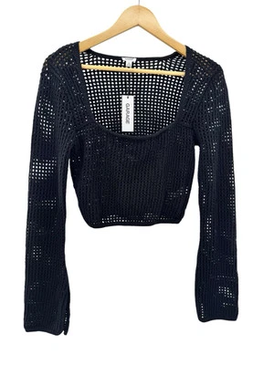 Suéter preto cropped malha aberta pulôver manga longa feminino garagem novo com etiquetas tamanho grande - Imagem 1 de 4