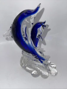 Vtg Cobalt Blue/Clear Dolphin & Pup Riding On Wave Solid Art Glass Figurine 8”H - Picture 1 of 9