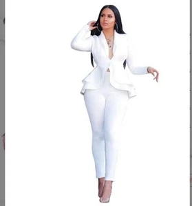 Women Ruffle Suit Blazer Jacket Pants Set Work Office Formal Business Uniforms - Picture 1 of 2