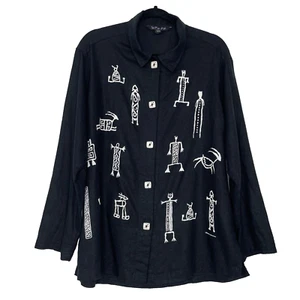 Vintage Bfofo Leinenmischung Knopfleiste Oberteil Damen Medium schwarz Kunst zum Tragen Tribal - Bild 1 von 9