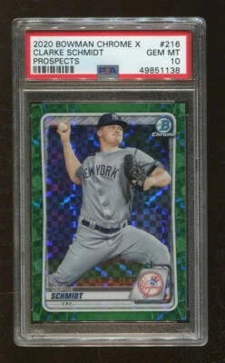 Clarke Schmidt 2020 Bowman Chrome X #216 Green X-Fractor 3/31 Yankees PSA 10 - Image 1 of 2