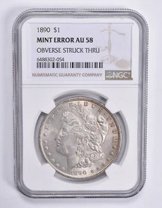 MINT ERROR AU58 1890 Morgan Silver Dollar OBV Struck Thru NGC *1830 - Zdjęcie 1 z 3
