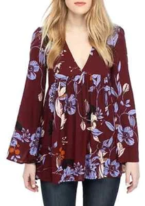 Free People Bella Wine Floral V Neck Tunic Shirt Top XS X-Small - Picture 1 of 8
