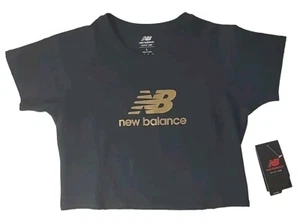 New Balance Womens Podium Fitted Crop Top T-Shirt Size Large Color Black & Gold - Picture 1 of 8