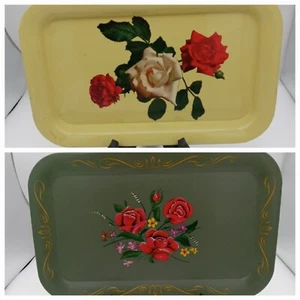Set of 2 Vintage Handpainted Tole Serving Trays Metal Floral 14"x8.75" - Bild 1 von 9