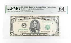 PMG 64 Unc EPQ 1950 C $5 Philadelphia, PA US FRN Green Seal Fr#1964-C *1035 - Picture 1 of 3