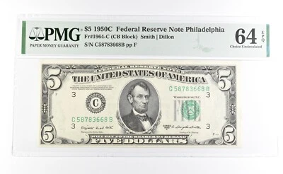 PMG 64 Unc EPQ 1950 C $5 Philadelphia, PA US FRN Green Seal Fr#1964-C *1035 - Image 1 of 3