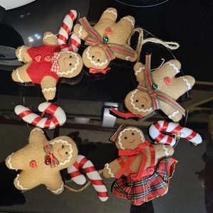 Ancienne guirlande de Noël feutre pain d'épices homme et canne à bonbons, tissu rembourré 36" - Photo 1/6