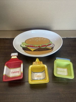 Prato de hambúrguer Hallmark tigela de servir e 3 tigelas de condimento de cerâmica usado - Imagem 1 de 4
