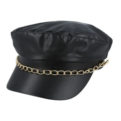 HATSXCAPS PU Rain Breton Sailor Captain Cap Black and Red Gold Chain Anchor Button