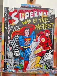 CORBELLIC CUBISM 16X20 SUPERMAN FLASH RACE LARGE PORTRAIT COVER POP ART PAINTING - Picture 1 of 9