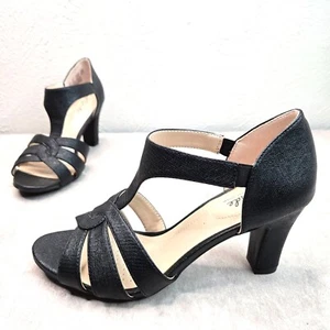Life Stride Strappy Heeled Sandals 7.5 Wide Fit Black Shimmer Caged Block Heels - Picture 1 of 11
