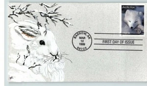 Hand Painted WHITE RABBIT Pic on ARCTIC ANIMALS 1999 FDC, Arctic Fox stamp - Picture 1 of 1