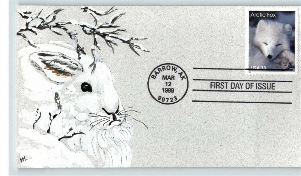 Hand Painted WHITE RABBIT Pic on ARCTIC ANIMALS 1999 FDC, Arctic Fox stamp - Image 1 of 1