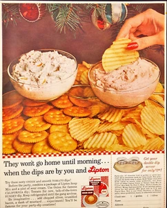 1962 Lipton Soup Christmas Vintage Print Ad Woman Dipping Potato Chip - Picture 1 of 1