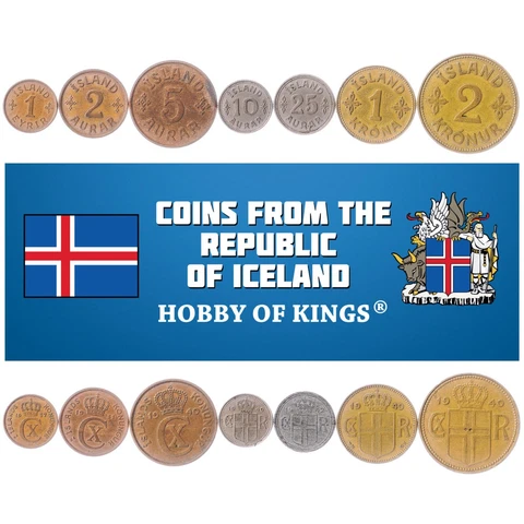 Icelander 7 Coin Set 1 Eyrir 2 5 10 25 Aurar 1 2 Krónur | Iceland | 1922 - 1942 Cover
