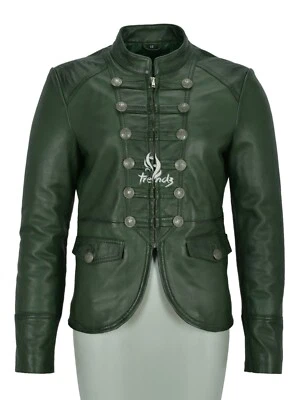 SCARLET Ladies Leather Jacket Green Studded Military Style Real Leather Jacket - Image 1 of 4