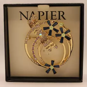 NEW Napier Dragonfly & Flowers Rhinestones 2.2" Gold Tone Hoop Brooch Pin w/ Box - Picture 1 of 11